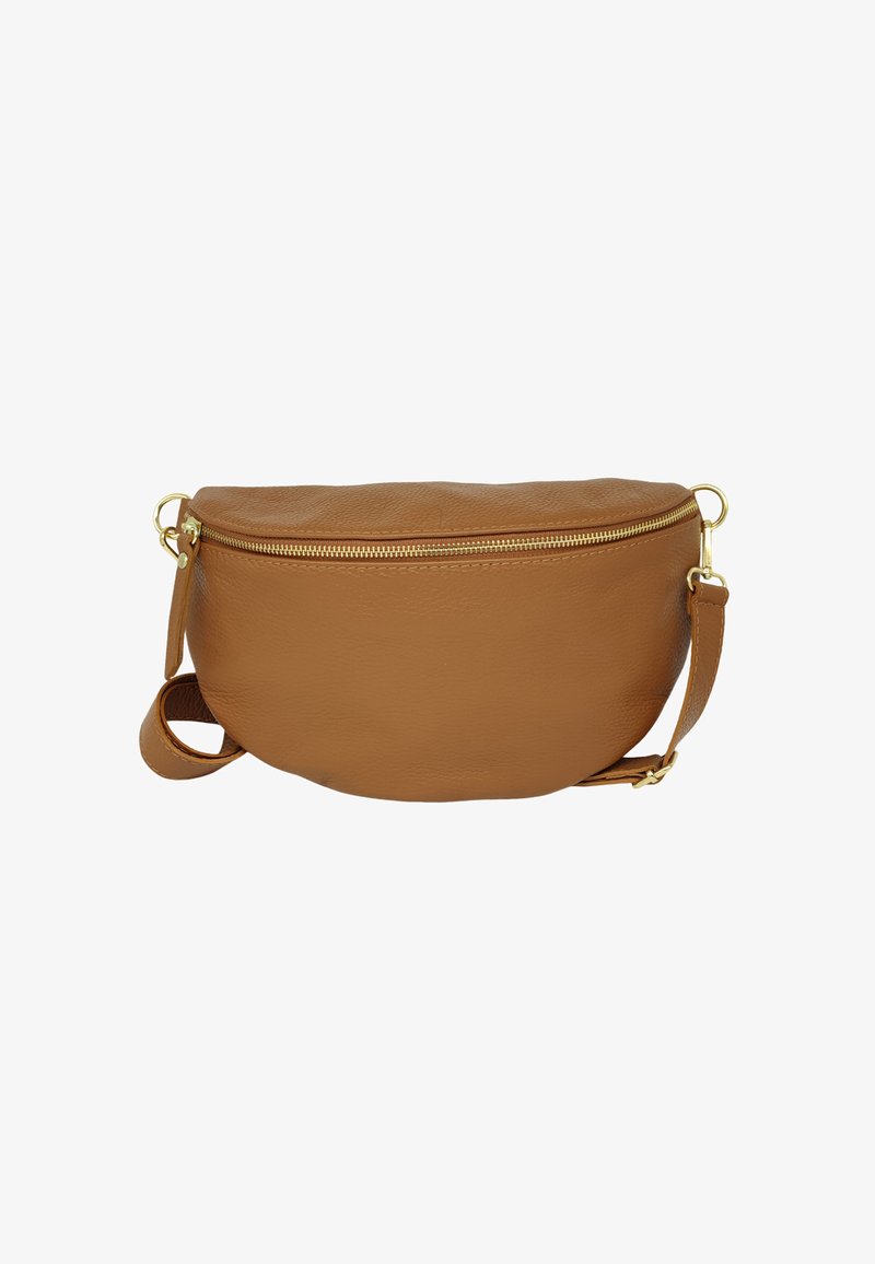 Sac en cuir marron tan en forme arrondie. Dispose d'une fermeture à glissière dorée et d'une bandoulière réglable. Texture lisse.