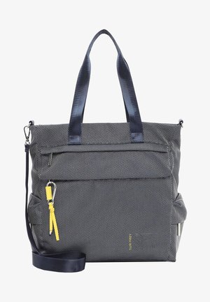 Marineblaue Tasche aus strukturiertem Stoff, mit zwei oberen Griffen, einem abnehmbaren Schulterriemen, einer vorderen Reißverschlusstasche und einem gelben Reißverschlussakzent.