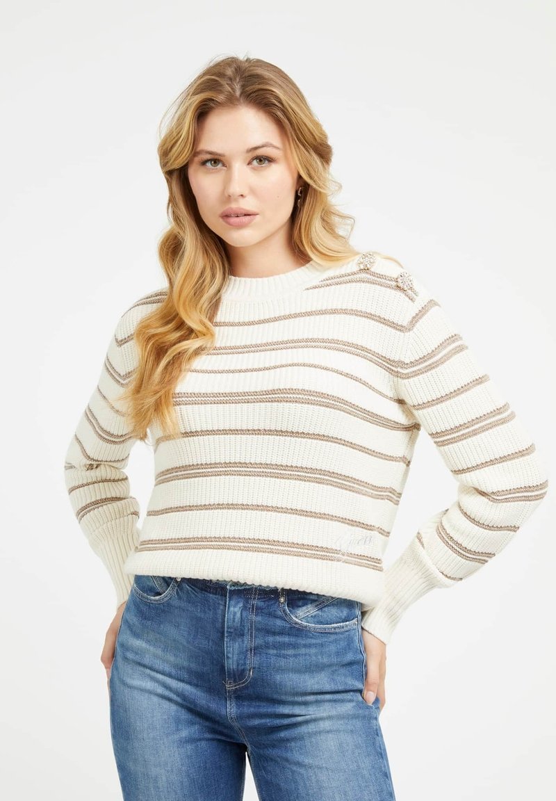 Guess LS STRIPED JEWEL BTN - Jumper - bianco multi/white - Zalando.ie