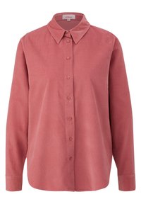 Roze ribfluwelen overhemd met een gespreide kraag, lange mouwen en vijf knopen aan de voorkant, met een gladde textuur.