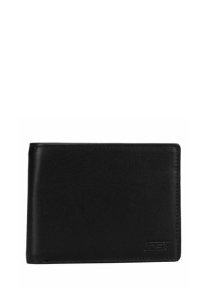 Schwarze Leder-Bifold-Geldbörse mit genähten Kanten und geprägt em Markenlogo in der unteren rechten Ecke, geschlossen auf weißem Hintergrund gezeigt.