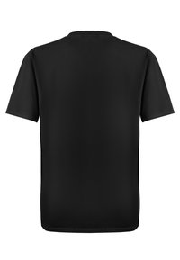 Kortermet svart t-skjorte med rund hals. Glatt tekstur, enkelt design, ingen synlige mønstre eller pynt.