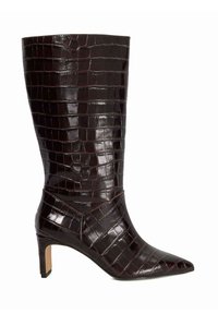 Knee-high burgundy leather boot with a crocodile pattern, pointed toe, and a moderate heel. Features stitched accents on the sides.