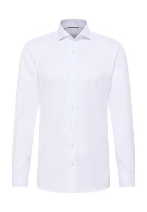 Witte lange mouwen shirt gemaakt van een gladde stof. Heeft een puntige kraag, volledige knopenlijst en knoopmanchetten. Klassiek ontwerp zonder patronen.