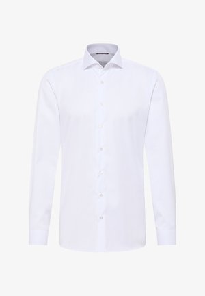 Weißes Langarmhemd aus glattem Stoff. Verfügt über einen spitzen Kragen, eine durchgehende Knopfleiste und geknöpfte Manschetten. Klassisches Design ohne Muster.