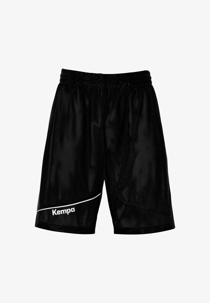 Zwarte mesh sportshorts met een brede elastische tailleband, voorzien van een wit logo en accentlijn langs de zoom. Lichtgewicht en ademend materiaal.