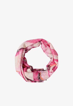 Różowy i biały szal komin z abstrakcyjnym wzorem kwiatowym w odcieniach różu, fioletu i pomarańczy, ułożony w pętlę.