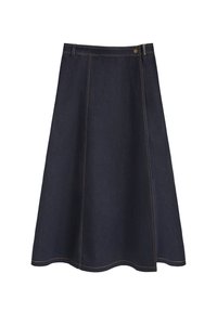 Mörk denimkjol med A-linjeform, med kontrasterande orange sömmar och knappstängning fram. Midilängd med en diskret utsvängd nederkant.