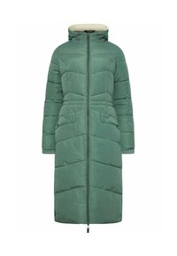 Lång, grön pufferjacka med dragkedja fram, huva och fodrad med konstpäls. Har en quiltad design, två framfickor och dragsko-accenter.