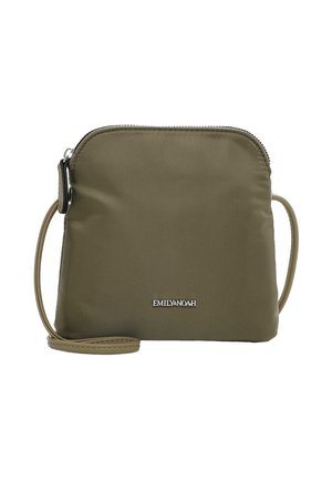 Olive green small crossbody bag with silver zipper and "EMILY & NOAH" logo on the front, featuring a thin adjustable strap.