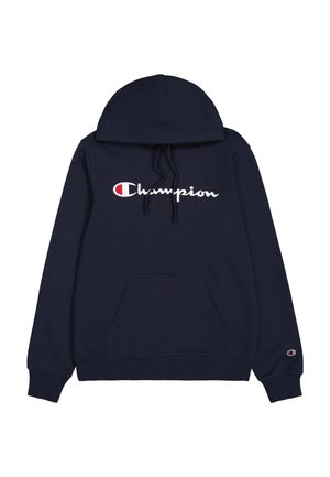 Sudadera azul marino hecha de tela suave, con un bolsillo frontal, capucha con cordón y el logo blanco de "Champion" con acento rojo.