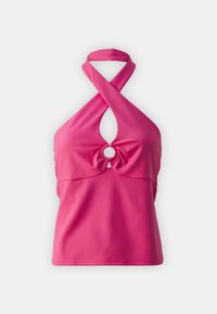 Pink halter top in stretch fabric with a twisted neckline, featuring a circular cutout and gathered detail at the center bust.