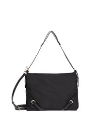 Bolso de hombro negro de nailon con textura suave, correas ajustables y detalles en herrajes de tono dorado. Cuenta con un compartimento principal espacioso.