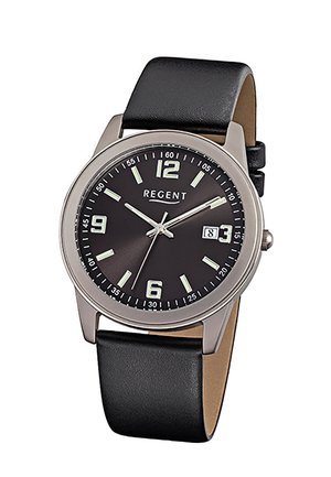 Analog wristwatch with black dial, silver case, luminous hands and numbers, black leather strap, and date display at 3 o'clock position.
