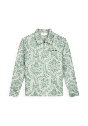 Hellgrüne und weiße gemusterte langärmelige Jacke mit Reißverschluss, Kragen und kleinem "Pure Path"-Logo auf der Brust.