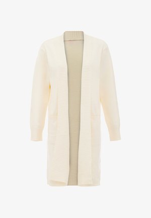 Pitkähihaisessa neulejakussa on kerma väri, ribattu avoin etuosa, kaksi etutaskua ja pehmeä sisävuori. Yksinkertainen, kevyt muotoilu.