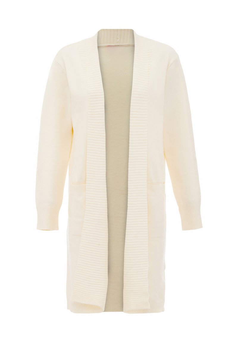 Langarm-Cardigan in Creme mit geripptem offenen Front, zwei Fronttaschen und einer weichen Innenfutter. Schlichtes, leichtes Design.
