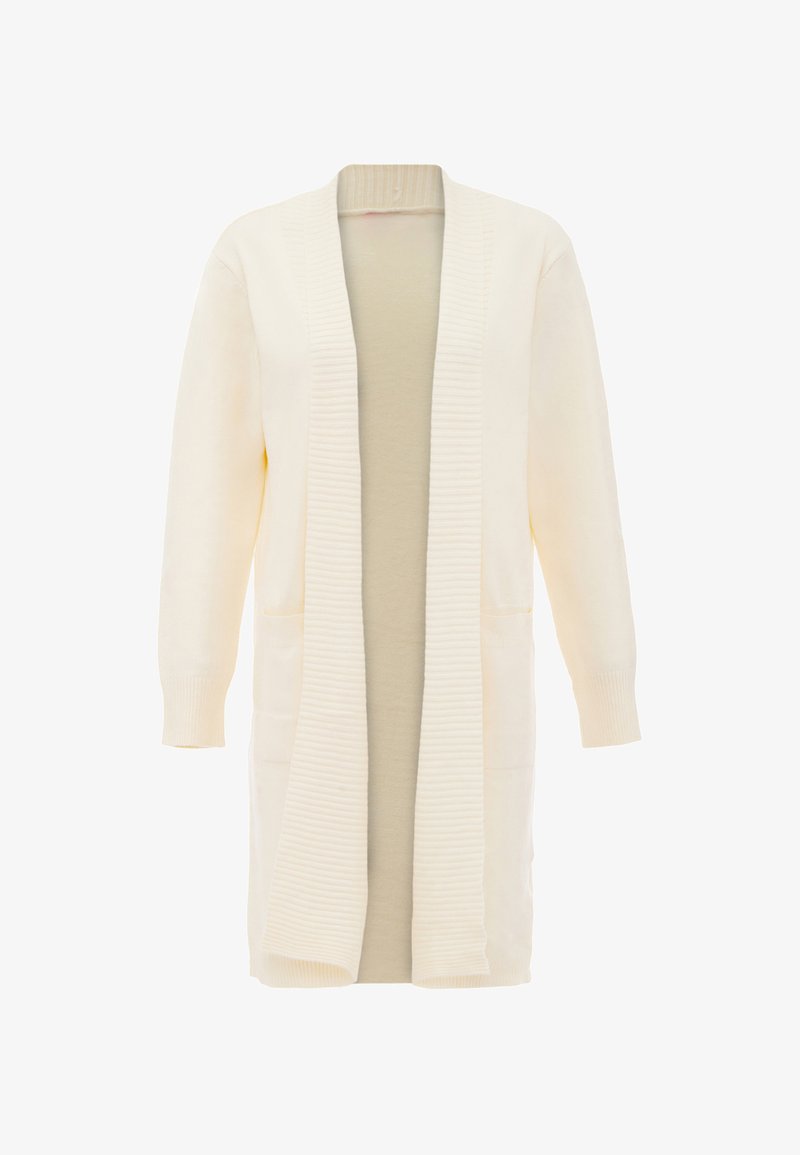 Hosszú ujjú kardigán krém színben, bordázott nyitott elülső résszel, két elülső zsebbeli és puha bélés belsővel. Egyszerű, könnyű dizájn.