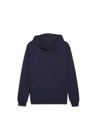 Felpa con cappuccio blu navy, in cotone misto, presenta maniche lunghe, polsini e orlo a costine, texture liscia e un ampio cappuccio.