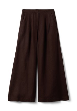 High-waisted wide-leg dark brown pants with front pockets and a concealed front fastening, displayed on a white background.