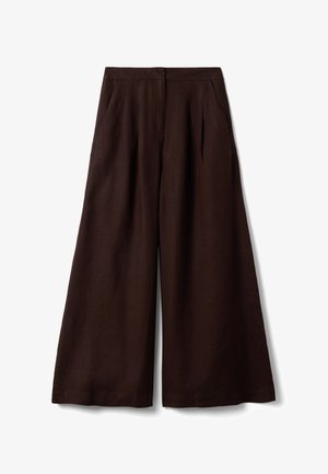 High-waisted wide-leg dark brown pants with front pockets and a concealed front fastening, displayed on a white background.