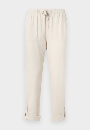 Beežid vabaaja püksid elastse vöökohaga, nööriga, esiosas tikktaskud ning üles keeratud sääreotstega, mis on kinnitatud nuppudega.