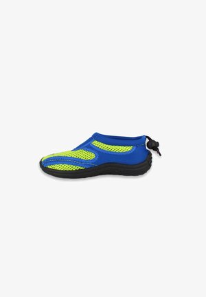 Blau und neongrüner Aquasportschuh mit Mesh-Paneelen, Gummisohle, gebogenem Design und verstellbarem Zugverschluss hinten.