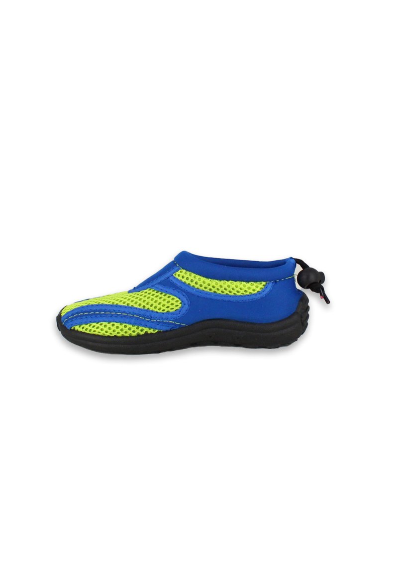 Blau und neongrüner Aquasportschuh mit Mesh-Paneelen, Gummisohle, gebogenem Design und verstellbarem Zugverschluss hinten.
