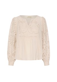 Cream blouse with a V-neckline, intricate cut-out patterns, long puffed sleeves, and a loose fit. Made from lightweight, textured fabric.