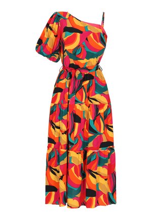 Colorful, knee-length dress featuring an asymmetric neckline, puff sleeve, tie waist, and layered hem. Made of lightweight fabric with a bold pattern.