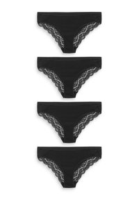 Culottes noires avec bordure en dentelle, fabriquées dans un tissu doux et dotées de bords en dentelle festonnée, présentées en une pile de quatre paires identiques.
