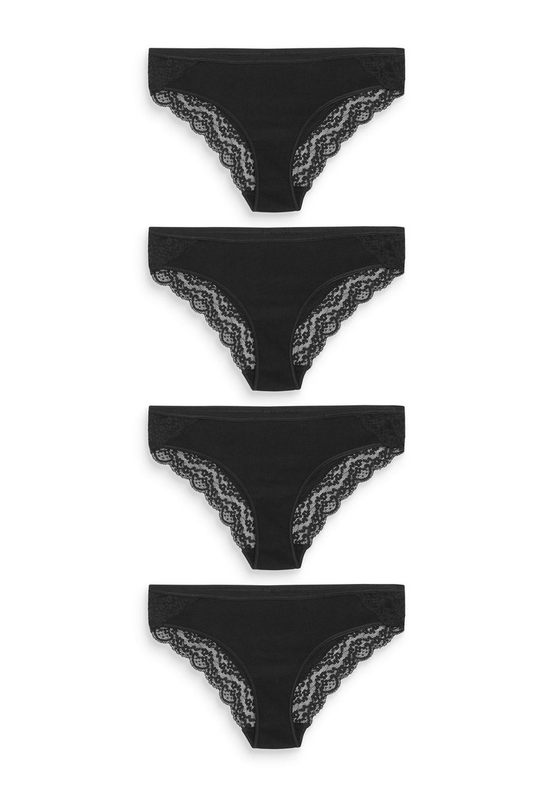 Culottes noires avec bordure en dentelle, fabriquées dans un tissu doux et dotées de bords en dentelle festonnée, présentées en une pile de quatre paires identiques.