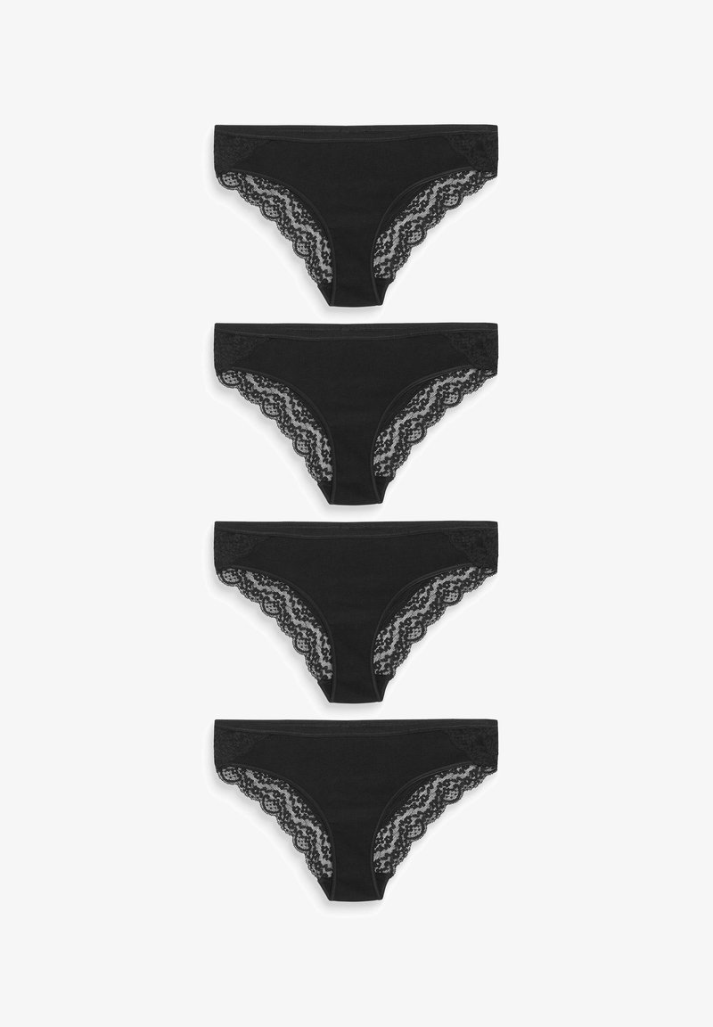 Culottes noires avec bordure en dentelle, fabriquées dans un tissu doux et dotées de bords en dentelle festonnée, présentées en une pile de quatre paires identiques.