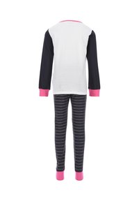 Long-sleeve pajama set featuring a white top with navy sleeves and pink cuffs, paired with navy striped bottoms with pink accents at the ankles.