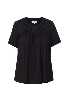 Blusa negra de manga corta con escote redondo y pliegues verticales en la parte delantera, con etiqueta DKNY, talla pequeña.