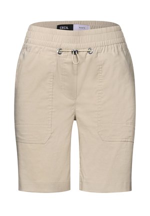Beige Cargo-Shorts aus weichem Stoff, mit elastischem Bund und verstellbarem Kordelzug, zwei Seitentaschen und einer glatten Textur.