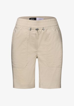 Beige Cargo-Shorts aus weichem Stoff, mit elastischem Bund und verstellbarem Kordelzug, zwei Seitentaschen und einer glatten Textur.