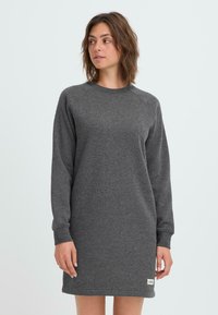 Gray fleece dress with long raglan sleeves, crew neckline, and side seam label; features a relaxed fit and soft texture.