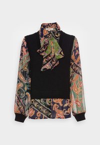 Bluzka z długim rękawem, z czarnym dzianinowym korpusem i rękawami z szyfonu w wzór paisley w kolorach zielonym, różowym i granatowym. Posiada wiązanie przy kołnierzyku.