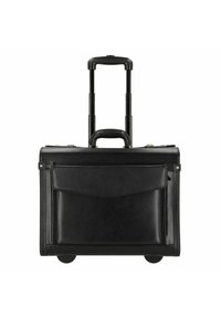 Black leather rolling briefcase with extendable handle, front pocket, dual wheels, and smooth texture. Features hardware accents and stitching details.