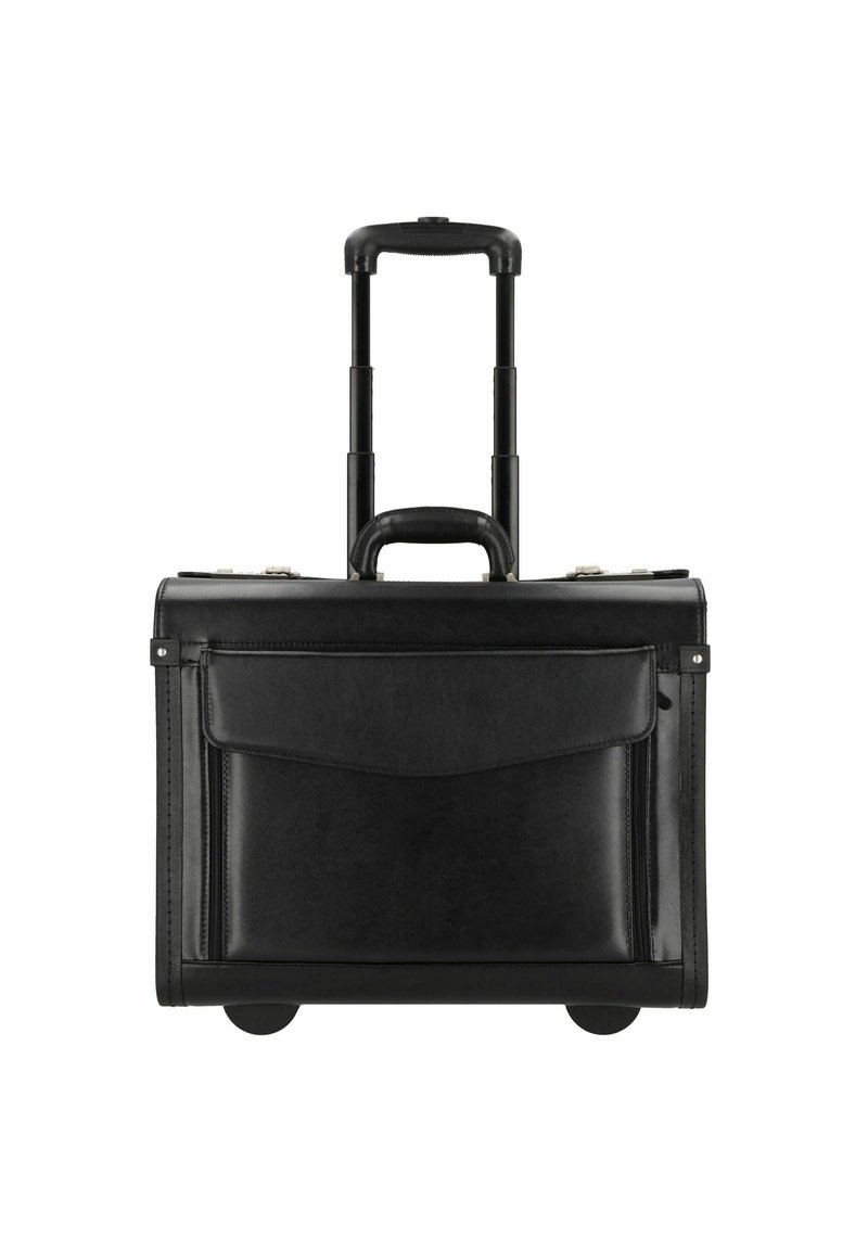 Black leather rolling briefcase with extendable handle, front pocket, dual wheels, and smooth texture. Features hardware accents and stitching details.