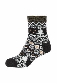 Calzino con motivo in bianco e nero con accenti dorati, caratterizzato da un tema invernale che include alberi e forme geometriche. Texture lavorata a maglia e altezza media.