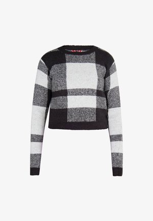 Gekürzter Pullover im schwarz-weiß-grauen Karomuster. Aus weichem Strickstoff, mit langen Ärmeln und rundem Ausschnitt.