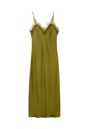 Oliwkowa sukienka na ramiączkach z koronkową lamówką wzdłuż dekoltu w serek i cienkimi, regulowanymi ramiączkami, długość midi.