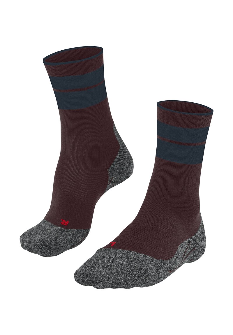Braune und graue Socken mit geripptem Bund, ausgestattet mit blauen Streifen und einem verstärkten Zehenbereich. Hergestellt aus einer Mischung bequemer Materialien.