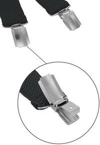 Schwarze gewebte Hosenträger mit zwei metallischen Clips. Die Clips haben eine strukturierte Oberfläche für sicheren Halt.