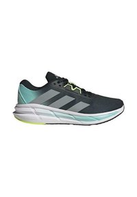 Zapatilla de correr negra y verde azulada con parte superior de malla, rayas grises y suela blanca. Cuenta con amortiguación Cloudfoam y acentos reflectantes.