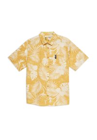 Korte mouw shirt in helder geel met een wit tropisch loofpatroon, knoopsluiting aan de voorkant en zak. Gemaakt van lichte, ademende stof.