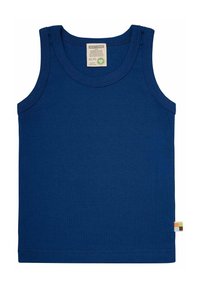 Top in cotone blu navy con scollatura rotonda e spalline larghe. Presenta un piccolo etichetta multicolore sul lato.