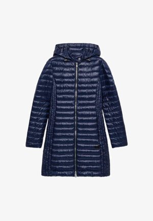 Marineblauer gepolsterter Mantel mit Kapuze, ausgestattet mit einem Frontreißverschluss, horizontaler Steppstruktur und elastischen Akzenten an den Bündchen.